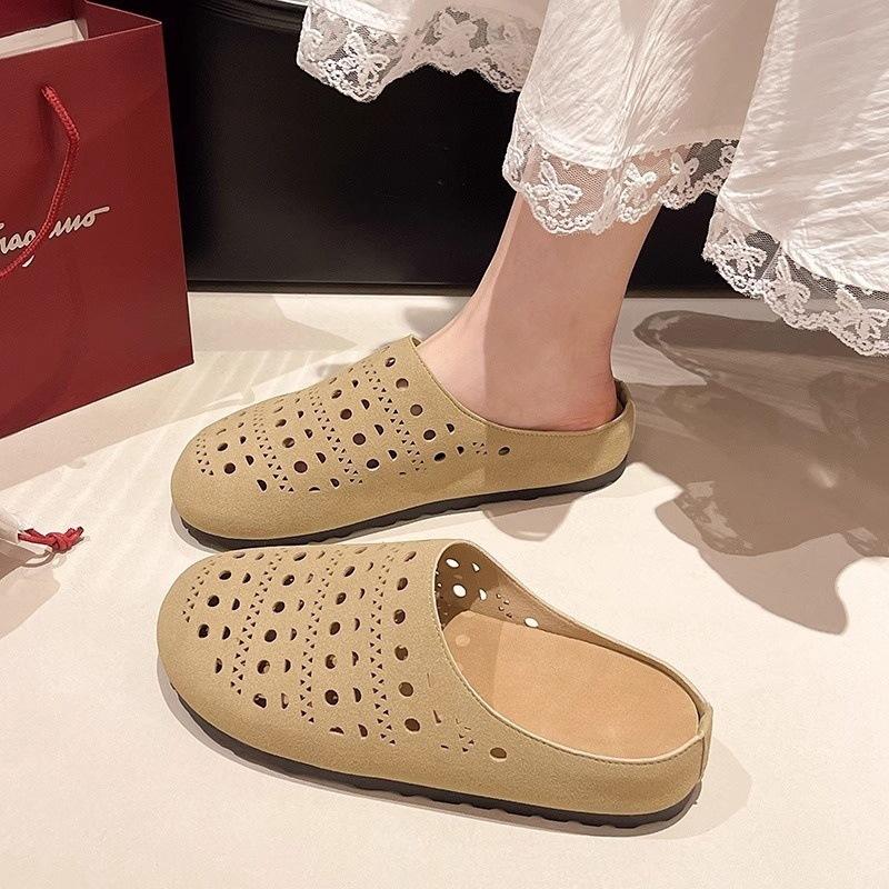 Spring and summer 2025 new retro versatile flat-bottomed Boken bag head slippers women's hollowed-out one-pedal soft-soled half slippers
