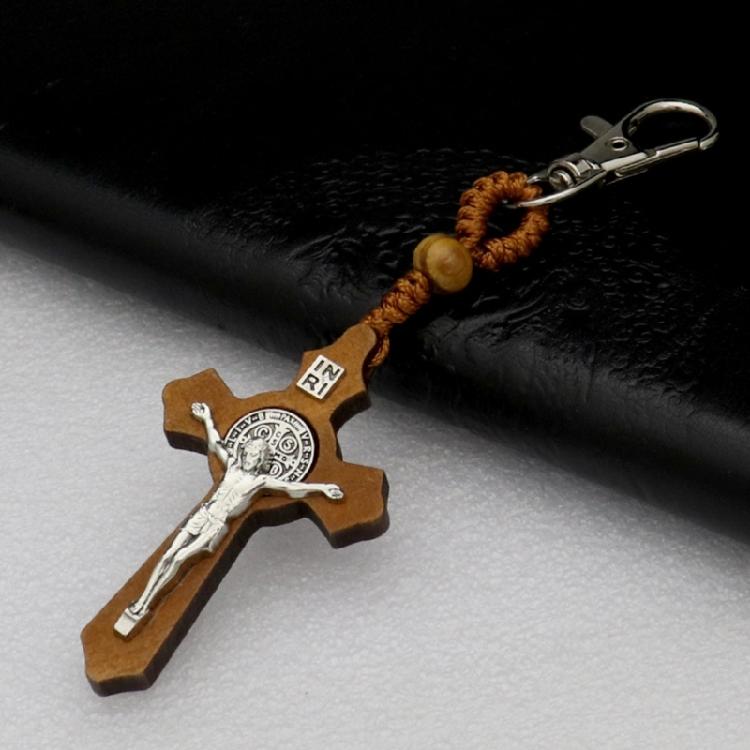 Wooden Crosses Keychain Christian Faith Metal Keyring Bag Charm Accessory Key Holder Pendant Ornament Religious Gift