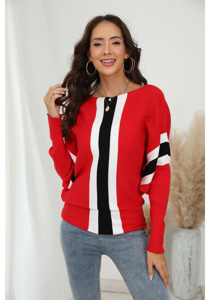 2023 Fall/Winter Women's Plus Size Ribbed Batwing Sweater - One-Shoulder Loose Striped Top