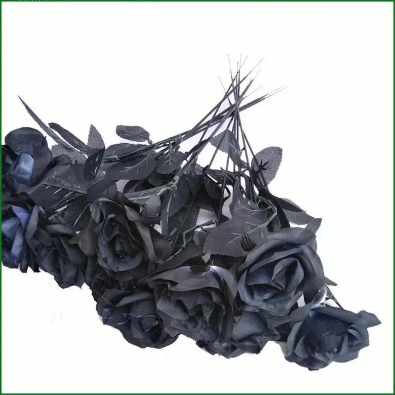 10Pcs/Set Artificial Black Single Rose Bouquet Halloween Ghost Festival Horror Gothic Style Dark Series Decorative FakeFlowers