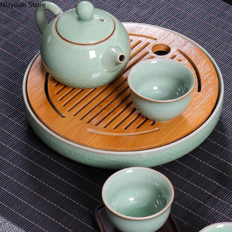Ceramic Round Tea Tray Household Living Room Bamboo Noodle Saving Water Dry Brewing Table Kung Fu Tea Set Celadon Tea Table Tray
