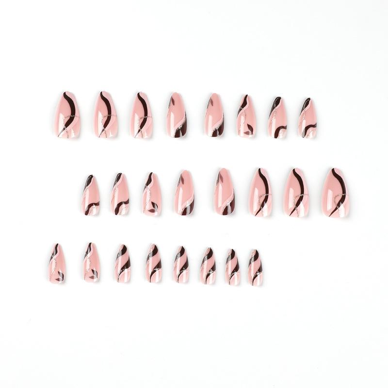 24Pcs/Set Quick Nails Pink Brown Stitching Waves False Nials Sticker Wearable Waterproof Manicure Finished Nails