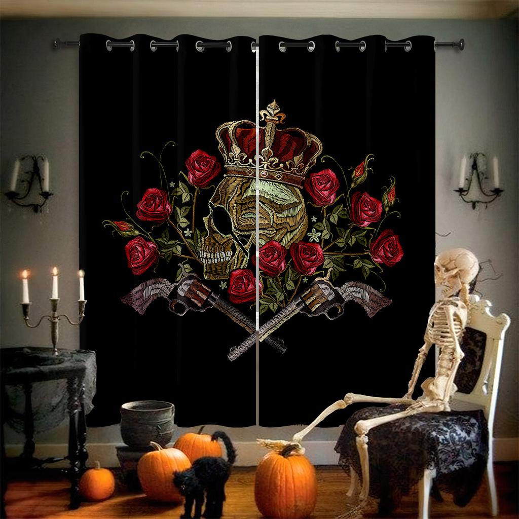 Horror Skull Floral 3D Printed Curtains Retro Gothic Curtains Halloween Party Decorative Curtains Home Decor 2 Pieces