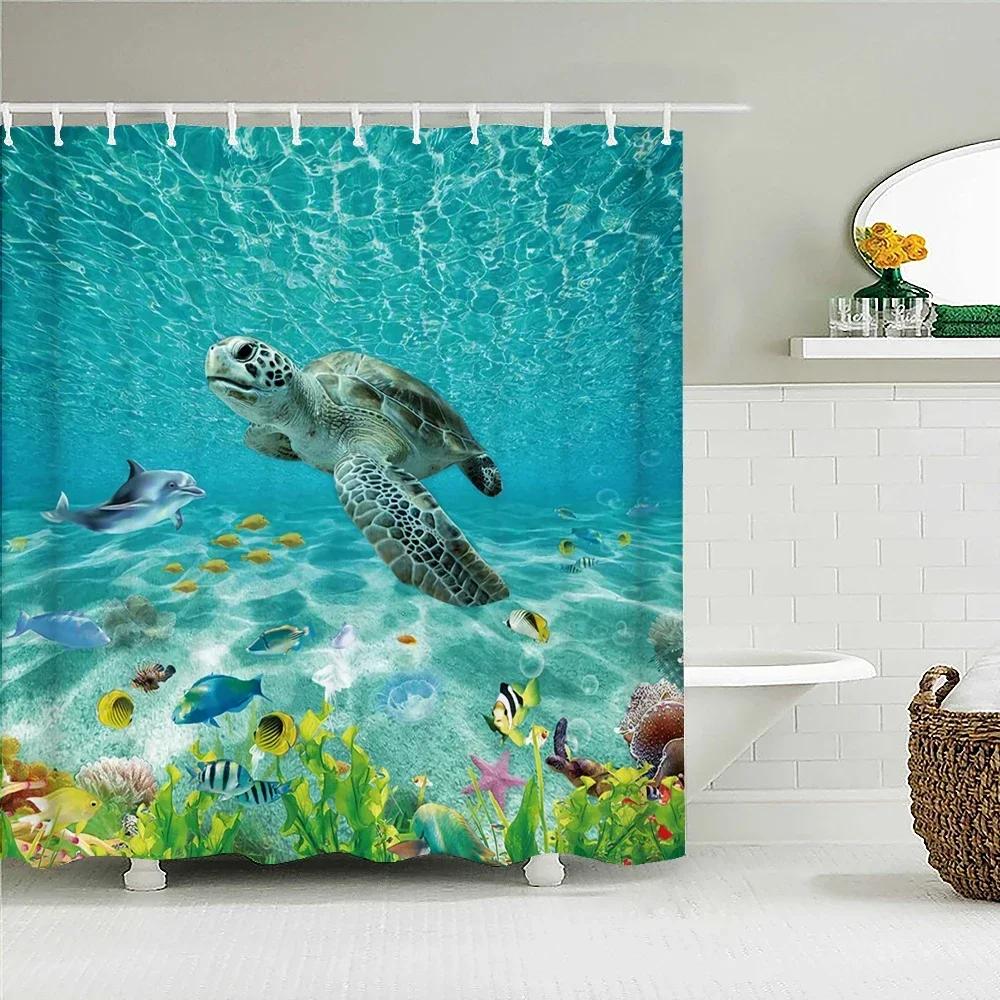 Underwater World Fish Turtle 3d Shower Curtains Ocean Dolphin Sea Scenery Fabric Waterproof Bath Curtain Bathroom Decor Screen