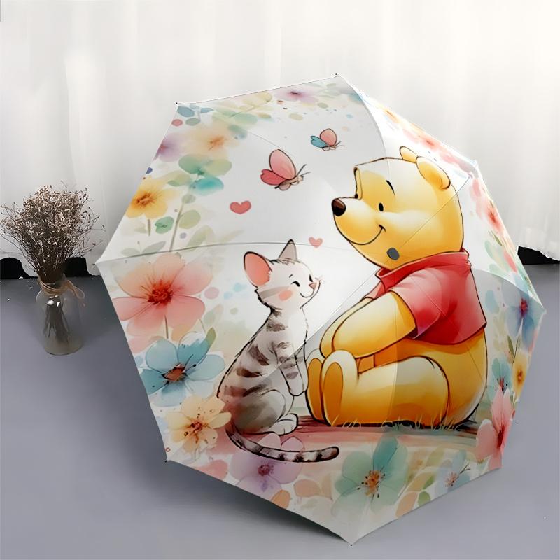 1pc Floral Delight: Winnie the Pooh & Kitten Design Automatic Folding Umbrella - 8 Bone Iron Frame, Portable for Fans, Travelers, Everyday U