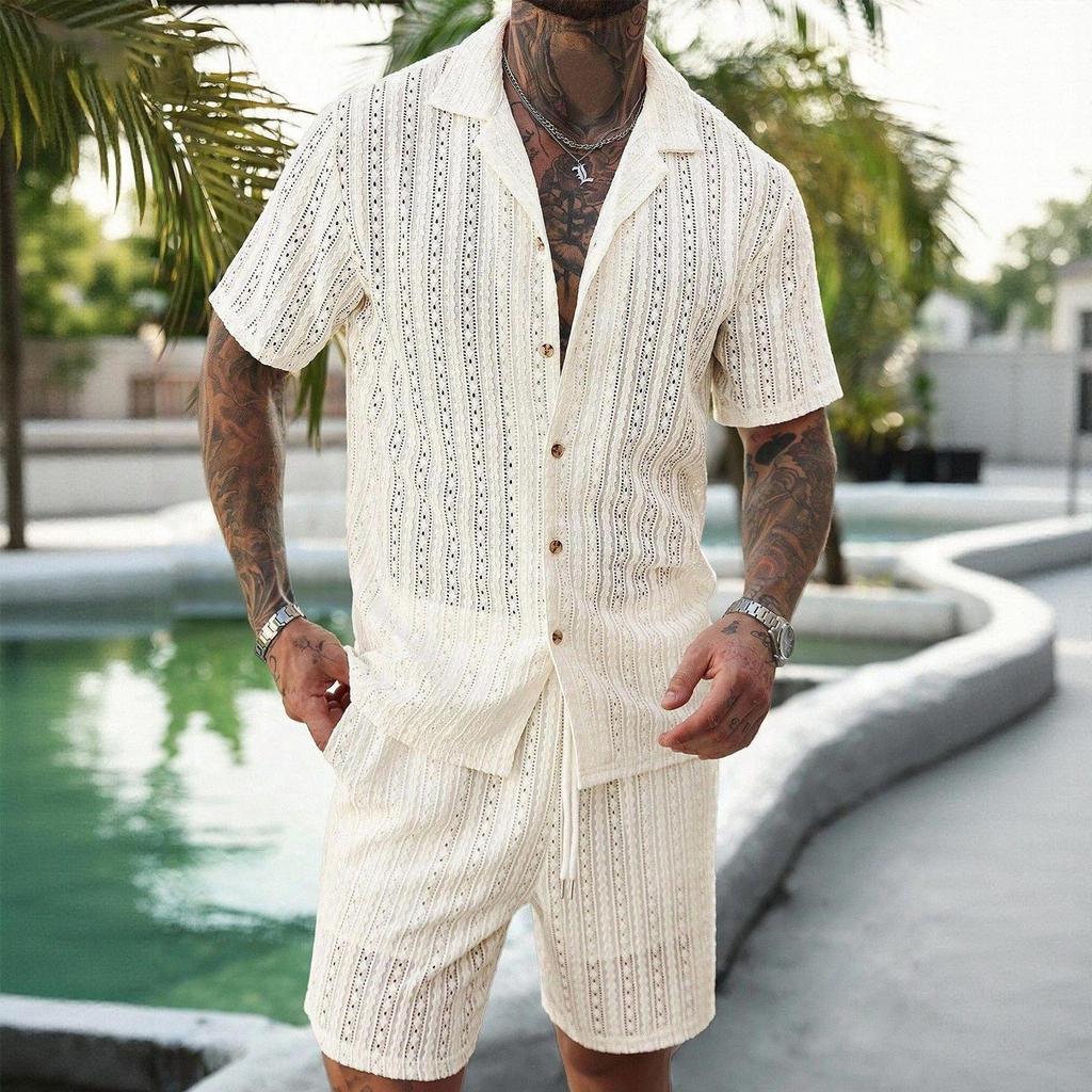 Conjunto Casual de Verão Masculino Duas Peças Camisa de Botão Manga Curta Shorts com Cordão Tecido Leve Respirável Caimento Relaxado