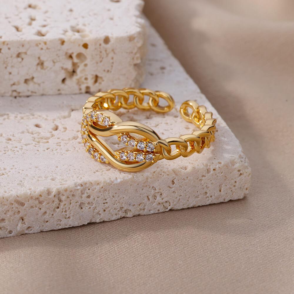 Zircon Intertwine Open Rings For Women Girls Gold Color Stainless Steel Chain Link Ring Wedding Aesthetic Jewelry Party Gifts