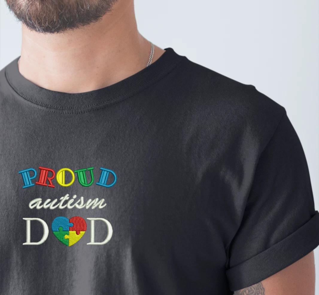 Embroidered Proud Autism Dad Puzzle Heart T Shirt, Autism Awareness T Shirt M