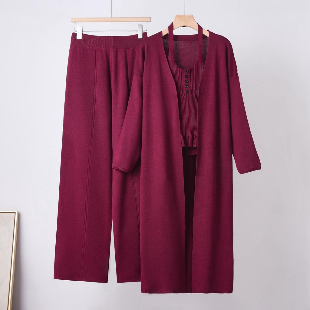 Europe beautiful women autumn and winter new slim and thin knitted cardigan suspender vest wide leg pants knitted three-piece women