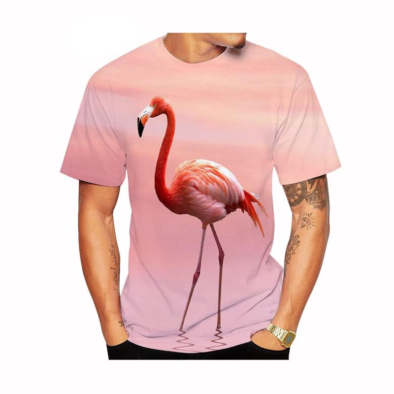 Summer Round Neck 3D Flamingo Pattern Print Top Fashionable Casual Short Sleeved Men's T-shirts