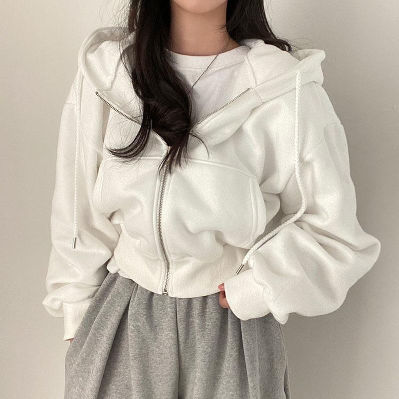 Women's Loose Fit Zip-Up Hooded Sweatshirt - Solid Color, Autumn/Winter 2025 Collection, Available in 6 Colors.