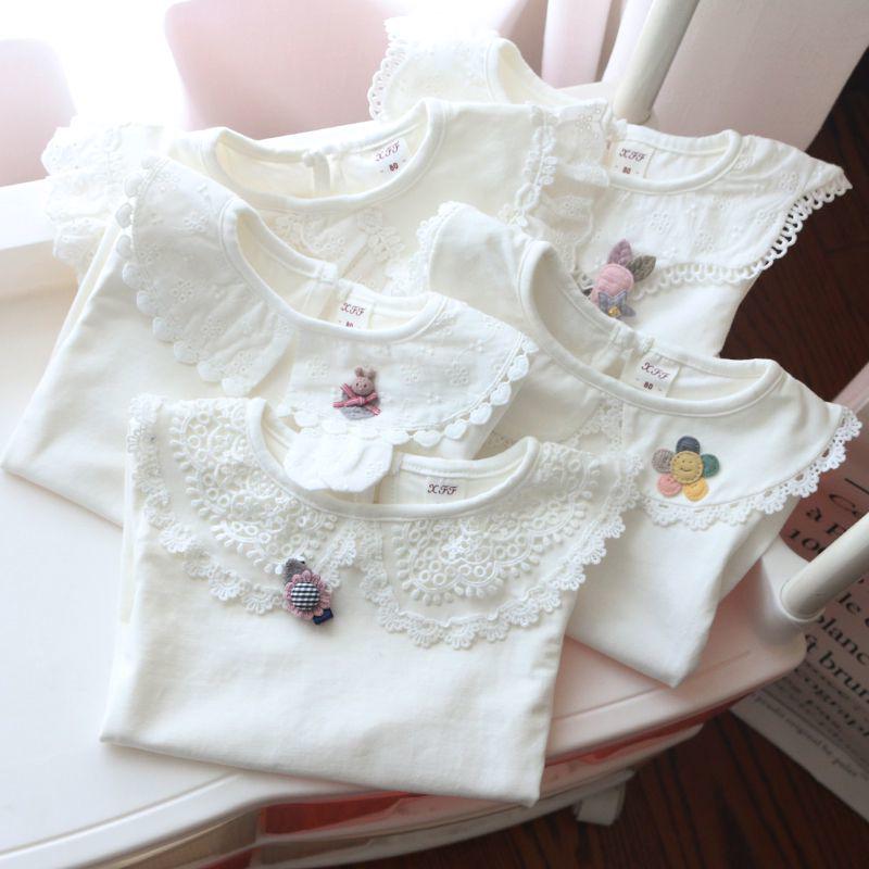 Girls' White Peter Pan Collar Long Sleeve Cotton T-Shirt for Spring/Autumn