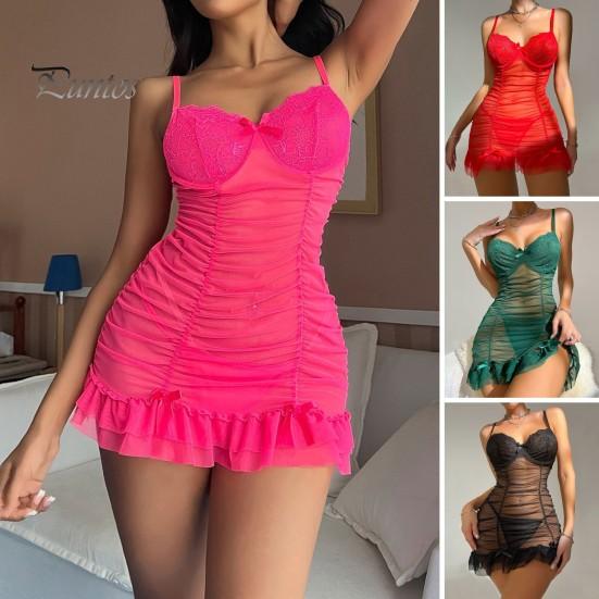 2 Pcs/Set Nightdress Panties Set Spaghetti Strap Backless Sleeveless Nightwear Pleated Transparent Mesh Bow Ruffle Dress Sleepwear Set G-string Set