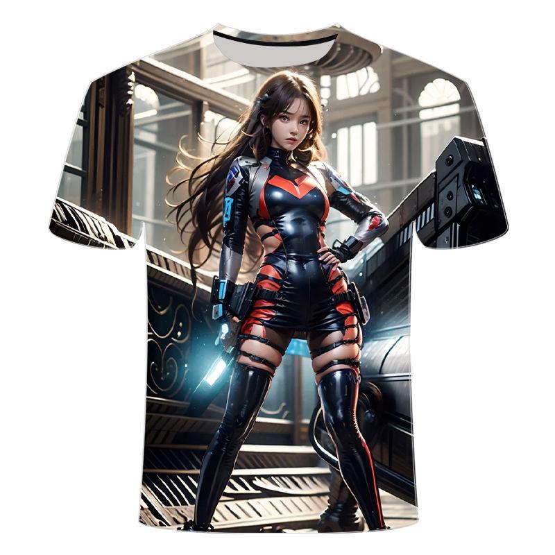 3D Printed Summer Short Sleeved T-shirt Popular Anime Mecha Female Warrior Series Men's and Women's Summer Short Sleeved Shirts