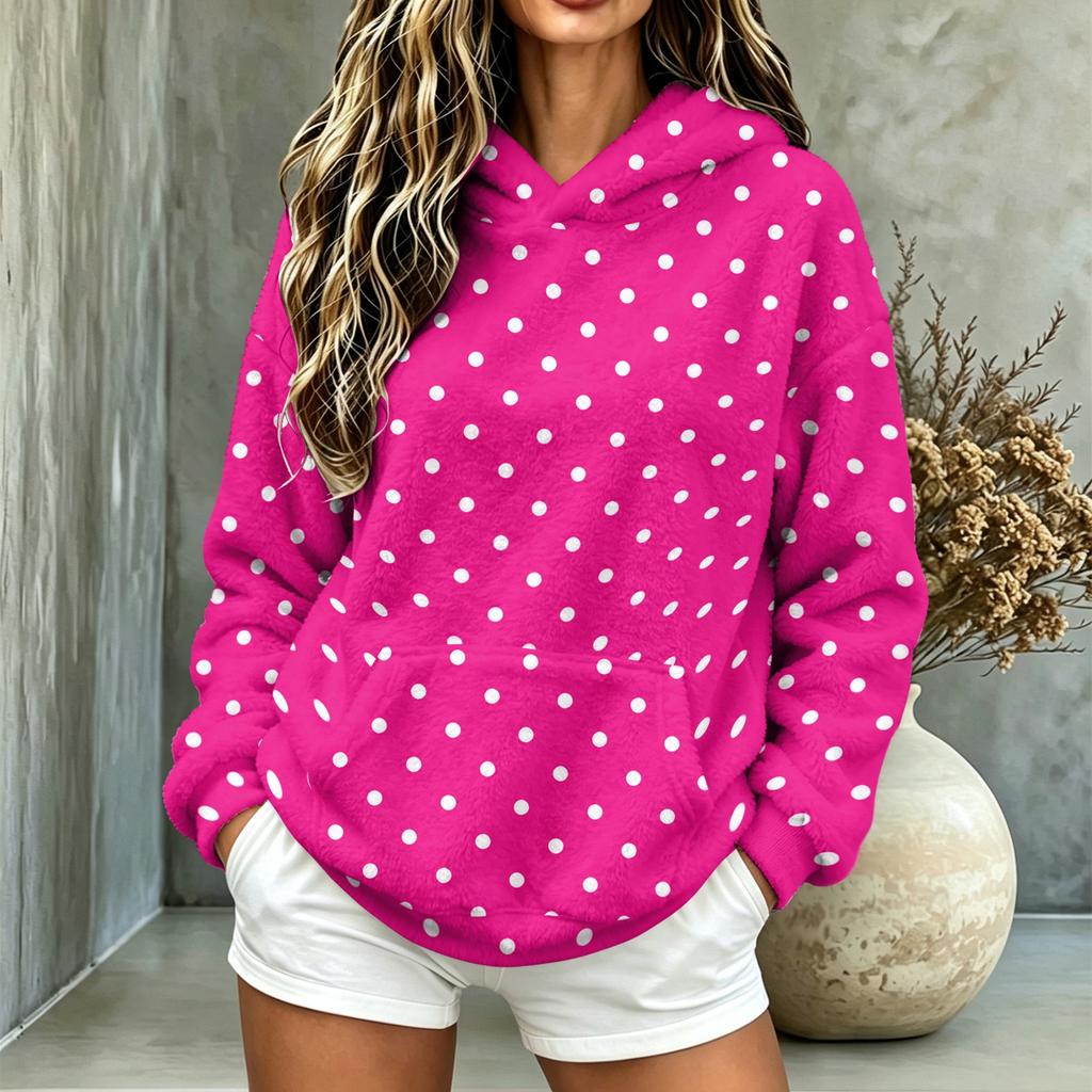 Women's Polka Dot Hooded Flannel Top, Long Sleeve Casual Pullover with Pockets for Fall and Winter
