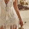 Women Bohemian Halter Neck Lace Fringe Romper Deep V Neck Sleeveless Summer Jumpsuit Beach Vacation Playsuit