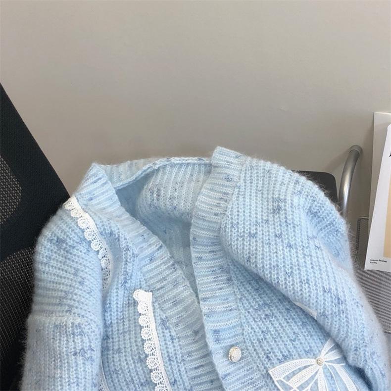 Autumn and Winter Women's Gentle Loose Lazy Wind Knit Jacket Lace Bow Sweater Cardigan