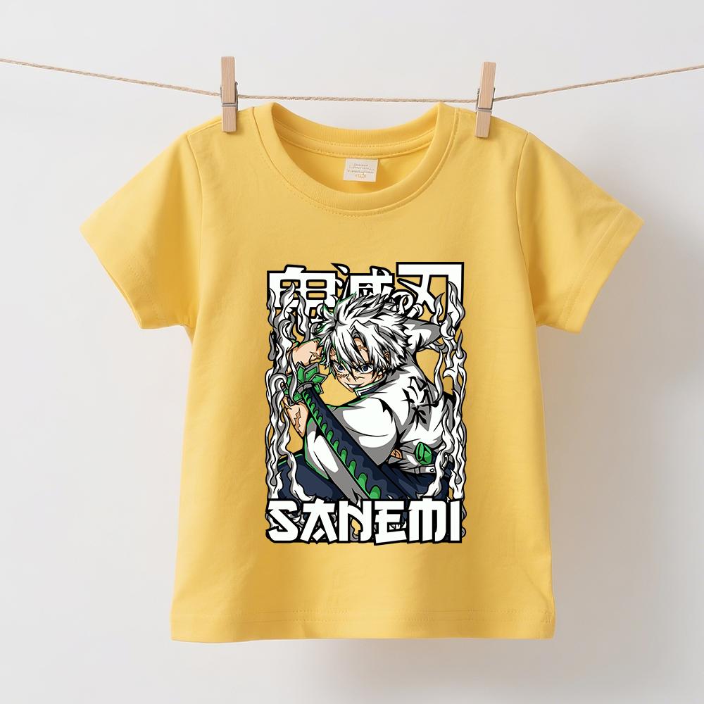 Demon Slayer Sanemi Anime Print Cotton T Shirts for Boys Girls Summer Casual Short Sleeve Tops Kids Daily Wear
