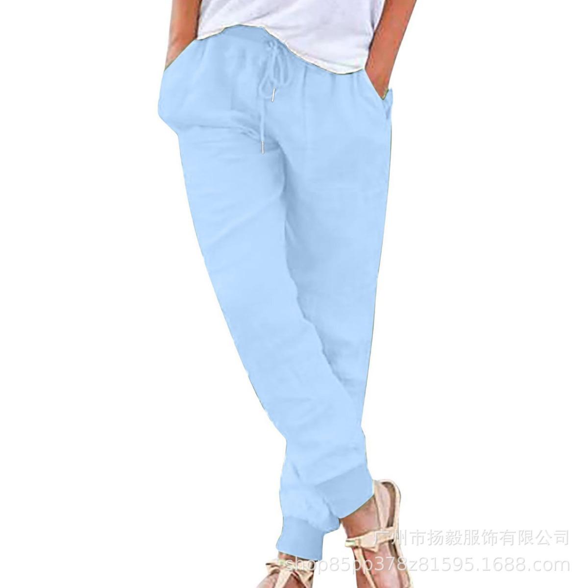 

Разноцветные повседневные брюки из хлопка и льна с эластичной резинкой на талии и карманами XXXL светло-синий