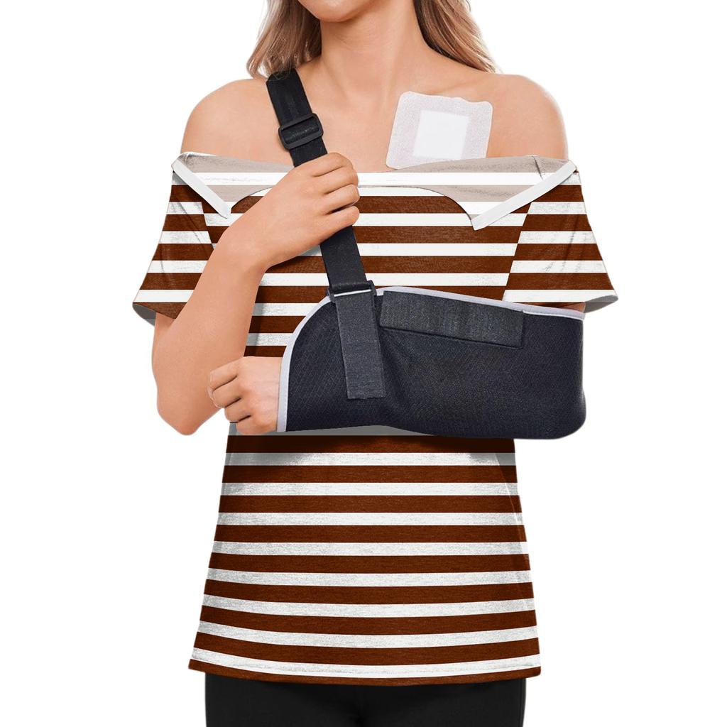 Women's Post-operative Short-sleeved Color Shirt With Shoulder Zipper And Side  Closure.