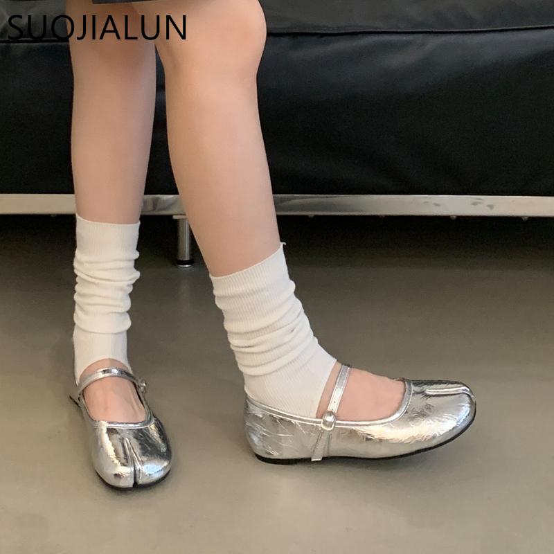 Fashion SUOJIALUN 2025 Autumn Women Flat Shoes Fashion Split Toe Slip On Mary Jane Ballet Shoes Soft Flat Heel Outdoor Casual Single Sh