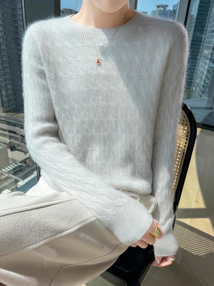 Women's Cashmere Sweater - Autumn Winter Solid Color Jacquard Round Neck Loose Knit