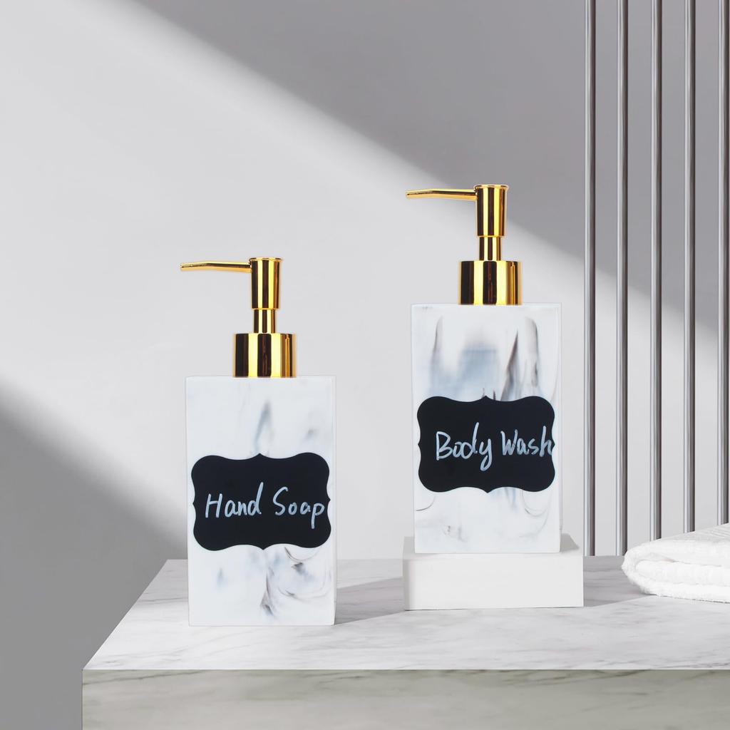 Luxurious Marble Finish Bottles 500ml Set of 2 with Gold Pumps Waterproof Labels Perfect for Bathroom Storage of Lotion White - - & - Countertop,