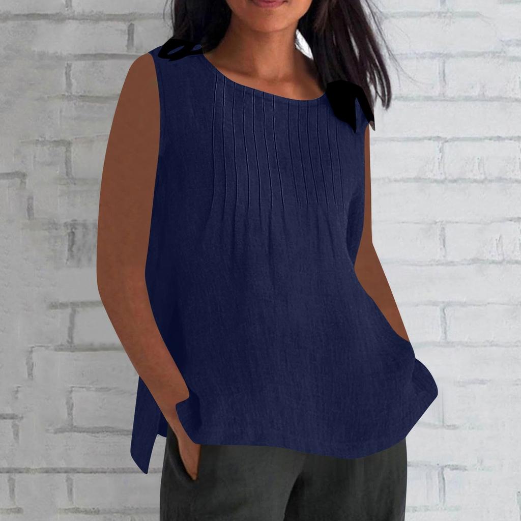 Women's Fashionable And Casual Sleeveless Vest Solid-color Cotton And Linen Pleated Sleeveless Top T-shirt