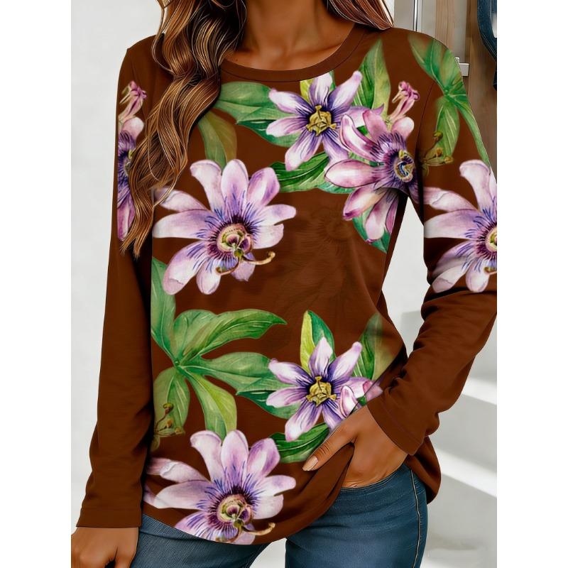 Women's Passionflower Print Long-Sleeved Loose-Fit Round Neck Top, Casual, Everyday, Stylish and Elegant