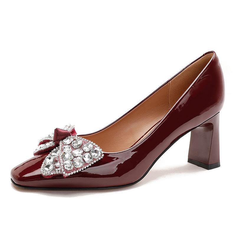 Square Head High Heels Women's Bow Rhinestone Red Wedding Shoes Bride Shoes 2025 New Spring and Autumn French Thick Heel Single Shoes