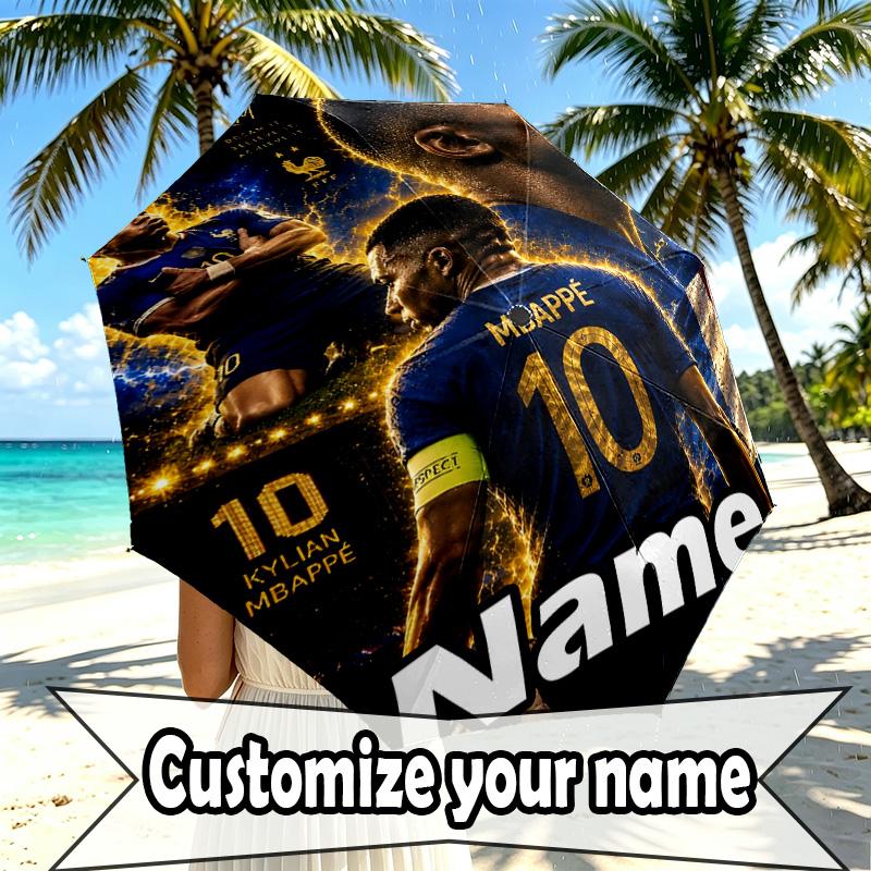 Custom Name Personalized Kylian Mbappe Print Umbrella, Auto Open Close, 8‑Rib Sturdy Frame, Commute Camping Hiking Use, Birthday Gift