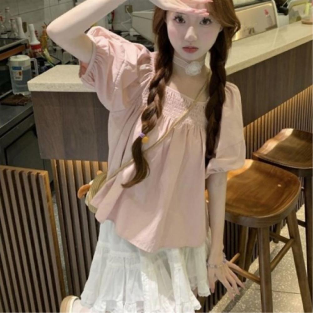 New Arrivals Open Run Women Smocked Banding Flare Short Sleeve Blouse Square Ne