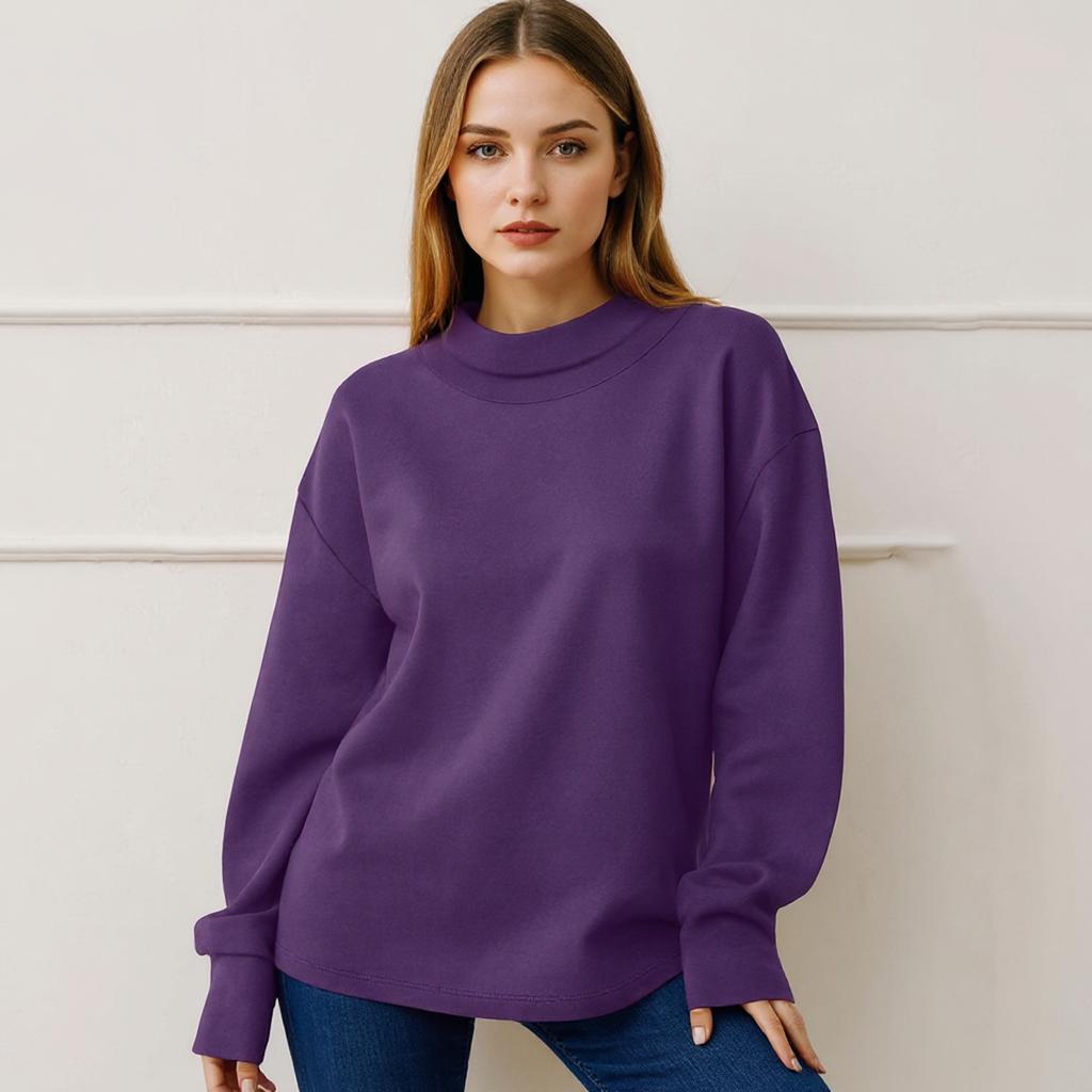 Women's Fashion Solid Color Long Sleeved Round Neck Pullover Casual Sweatshirt Top
