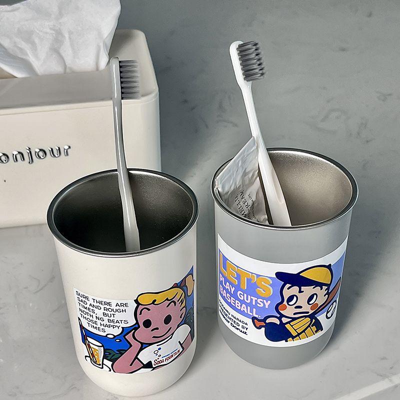 Harada Osamu Children's Cute Cartoon Toothbrush Holder Set - Stainless Steel, Creative Couple Rinsing Cups