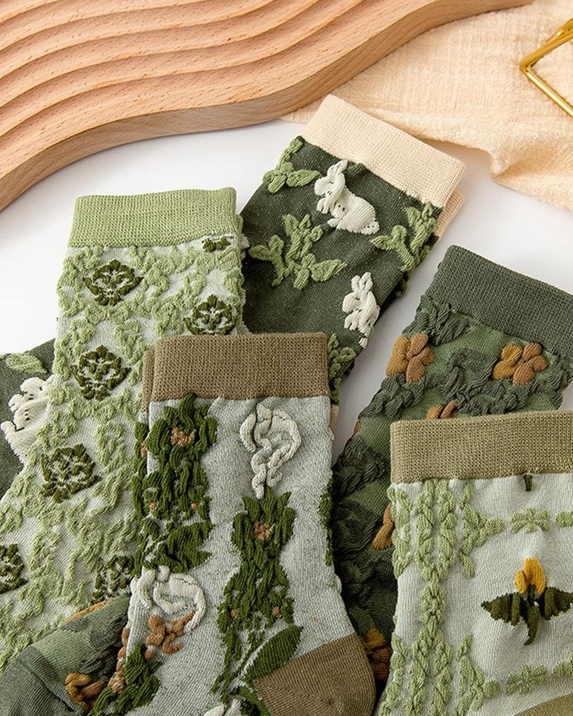 Junerose Set of Cute Floral Embroidered Cotton Crew Suitable for All Sizes Size E Women's 5-Pair Socks, Breathable, Anti-Odor, Stay-Stuck, Stylish,