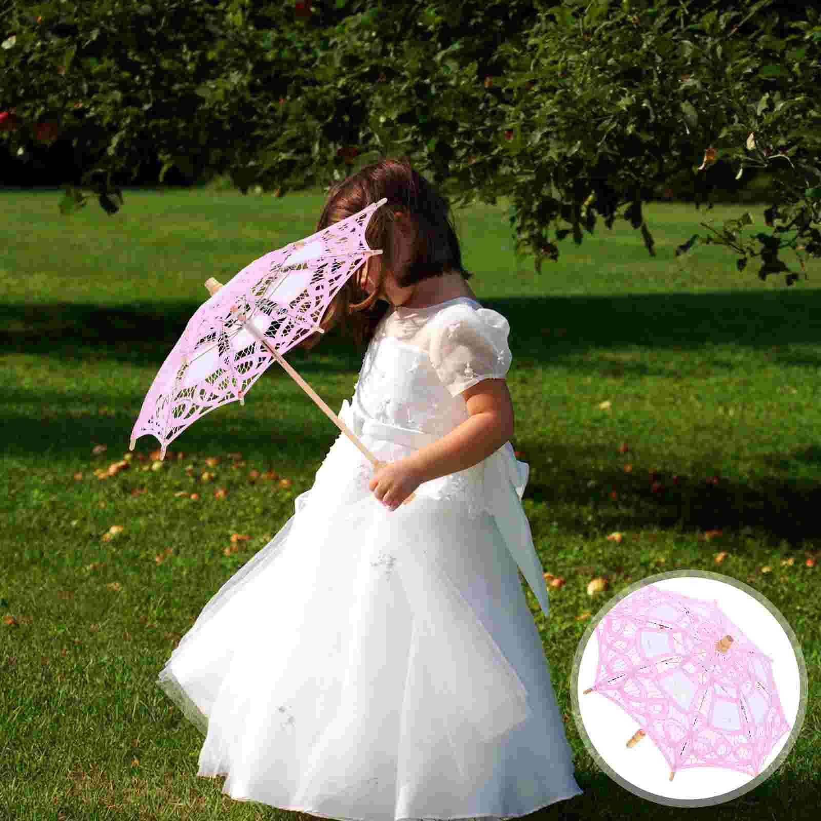 

Cotton Lace Parasol Umbrella Women Handmade Embroidery Classical Wooden Handle Decorative Bridal Wedding Tea Party Photo Prop рожевий
