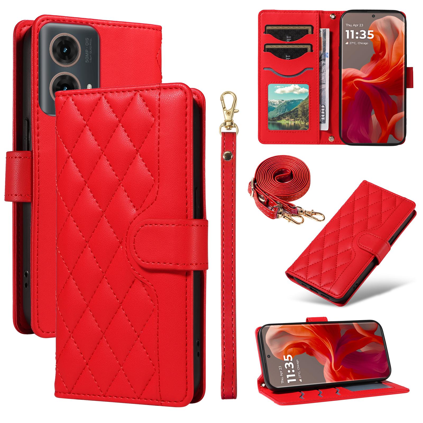 

For Motorola Edge 50 Fusion 5G Case Wallet Rhombus Leather Phone Cover with Shoulder Strap,Wrist Strap Red