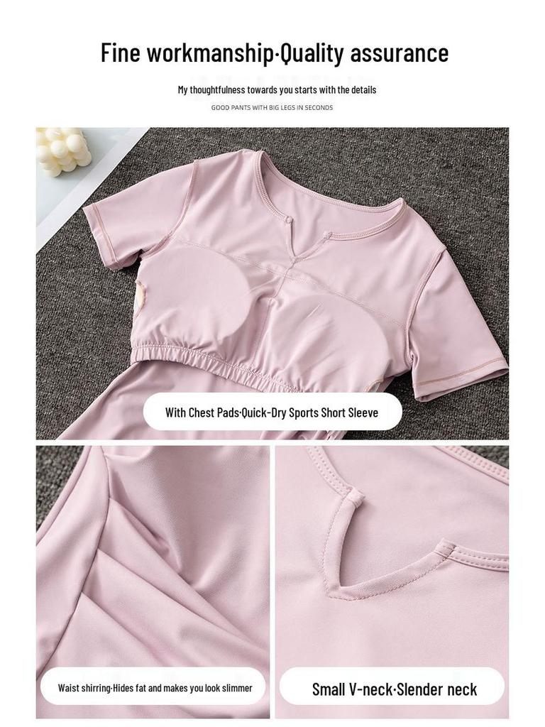 Women's Quick-Dry Yoga Set: Short Sleeve & Pants with Chest Pad for Summer 2025 Morning Runs