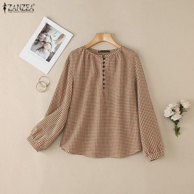 ZANZEA Women Casual Round Neck Long Sleeve Plaid Print Loose Blouse