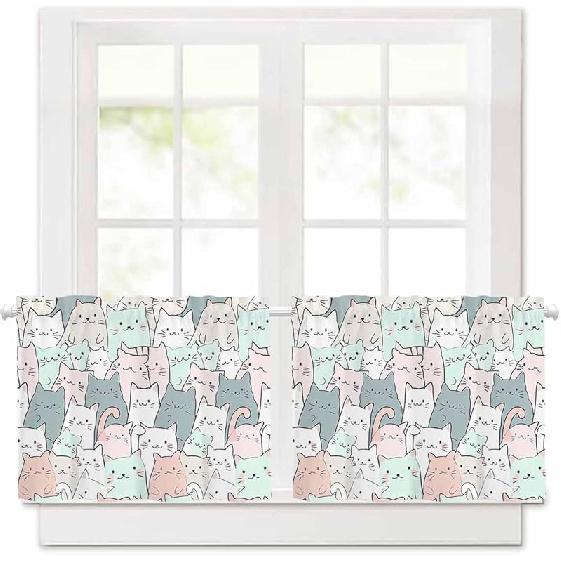 

Cute Cat Kitchen Curtains - 30 Inch Length Kitchen Window Curtains Over Sink - Short Blackout Curtains for Small Windows - Colorful White Black Gree 30 W x 30 L (Pack of 2)