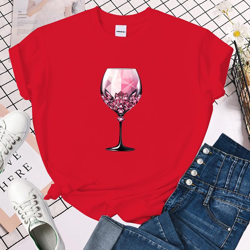 

(Premium T-shirt)Pink Wine Glass T-Shirt Women T Shirt Cosplay Clothes Streetwear Tee Shirt Plus Size Tops S