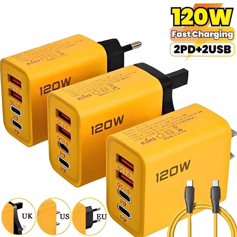 120W 4-Ports Ultra Fast Charging Type-C GaN Phone Charger USB-C QC 3.0 Super Charging Adapter For Huawei IPhone Samsung