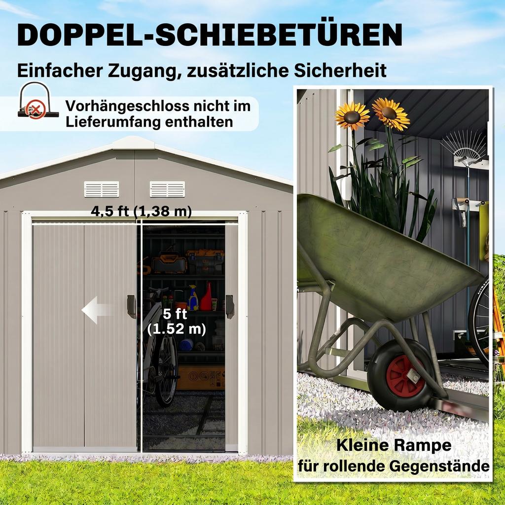 13 x 11 pés Galpão de Armazenamento de Metal para Jardim Galpão de Armazenamento Externo com Kit de Fundação Ventilação e Portas, Cinza Claro