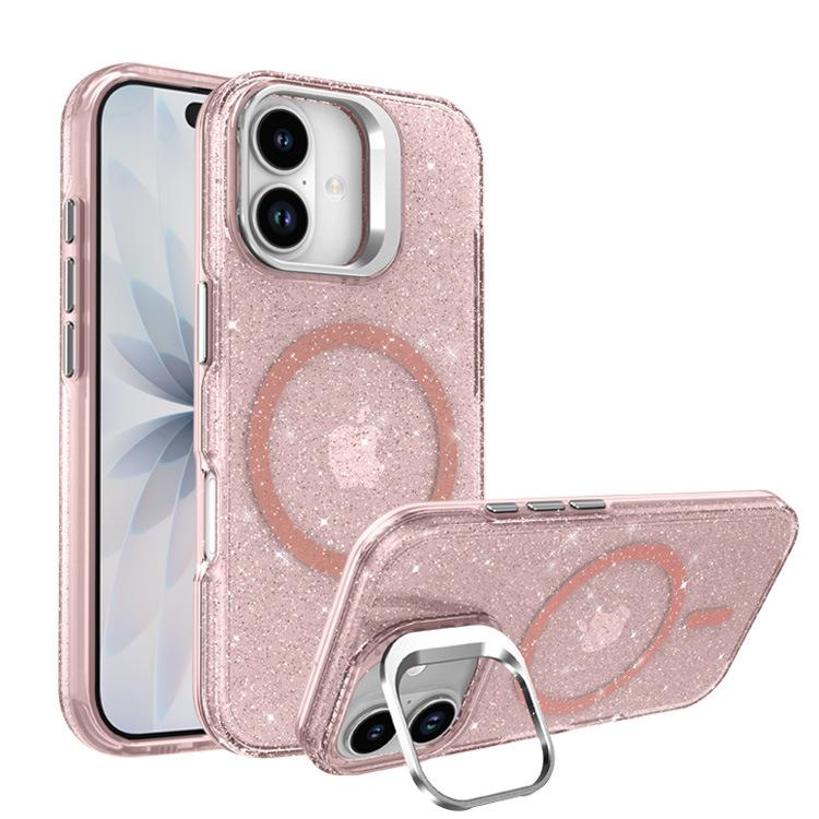 For IPhone 17 Glitter Phone Case PC Transparent Magnetic Bracket for Apple 15 Anti Drop Protective Case 13 with Hanging Rope
