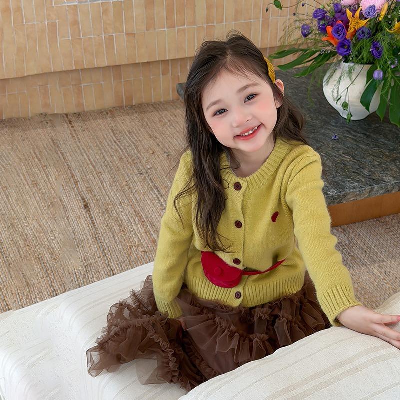 Girls Kids Heart Embroidered Knit Cardigan Casual Children Fall Outerwear