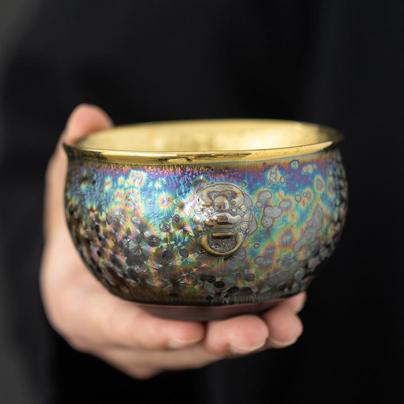 Colorful Kiln Mutated Shape Gilded Jian Zhan Cup Ceramic Kung Fu Tea Cup Tenmoku Glaze Single Cup Master Cup Tea Bowl Tasting Cu