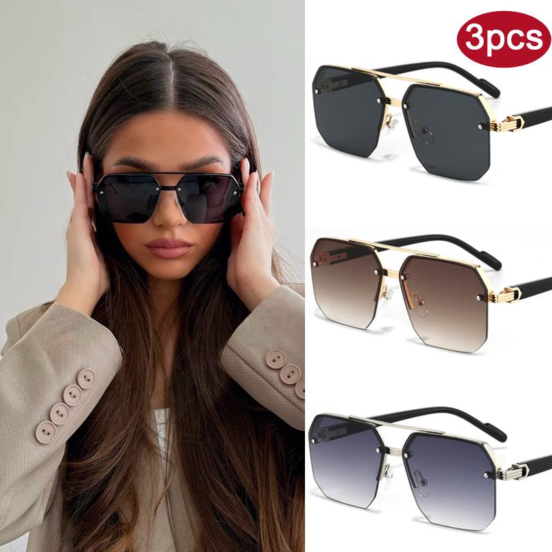 3pcs Square Metal Half Frame Sunglasses Rice Nails Double Beams Gradient Lens Casual Trend Eyewear