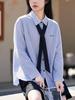 Women's Blue Striped Long Sleeve Shirt: Spring 2026 New Design with Tie Top, Loose and Fashionable.
