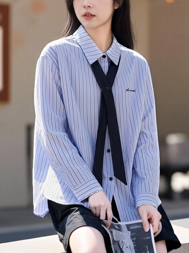 Women's Blue Striped Long Sleeve Shirt: Spring 2026 New Design with Tie Top, Loose and Fashionable.