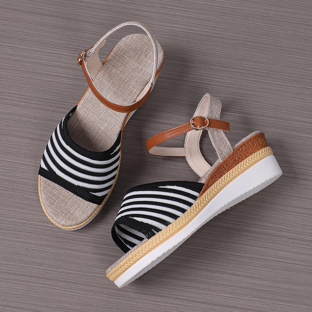 Wedge heel platform sandals women's summer 2025 new models go out elastic weaving color ribbon Roman sandals women black